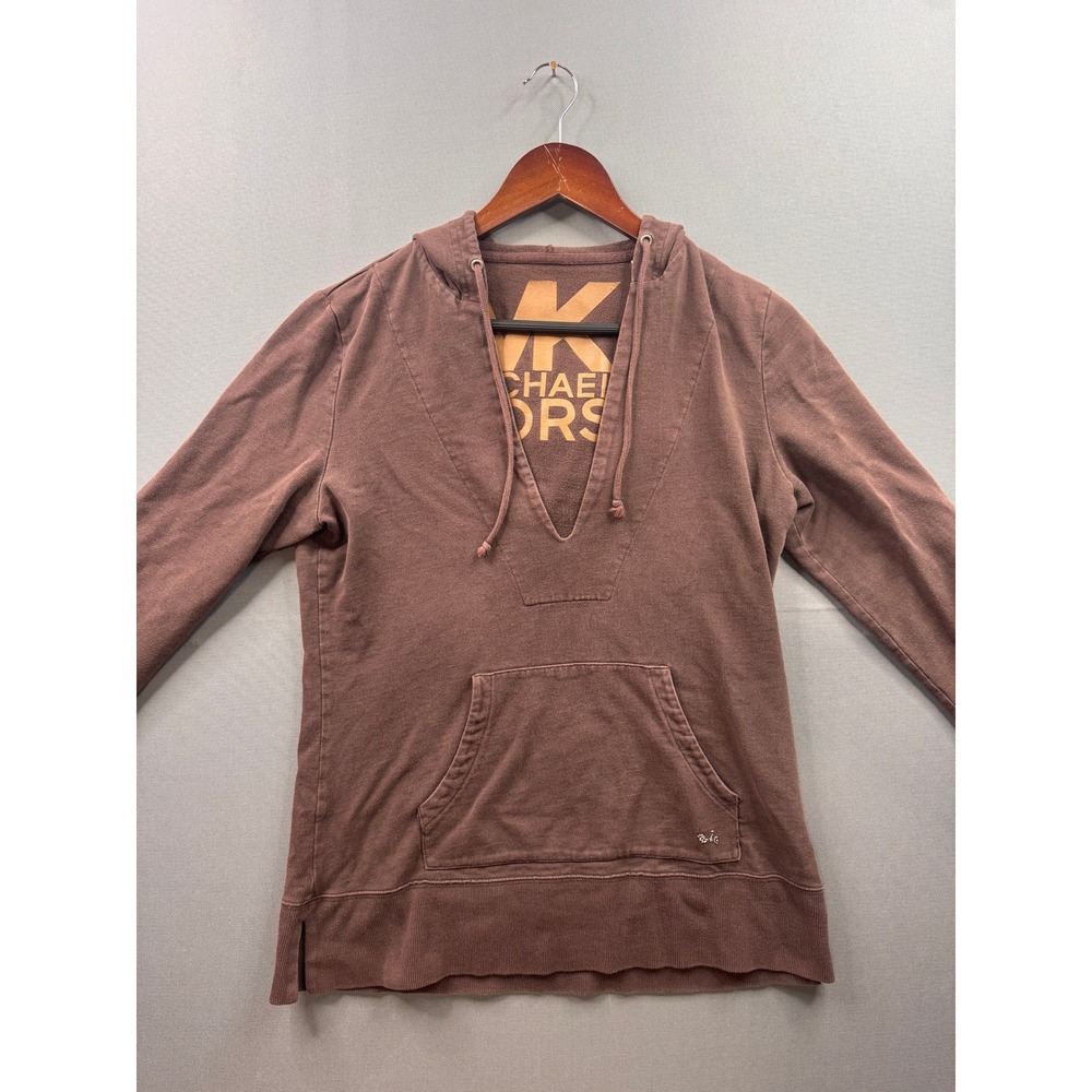 Michael Kors Womens Brown V-Neck Hoodie Sweatshirt Size Medium MK Logo Interior